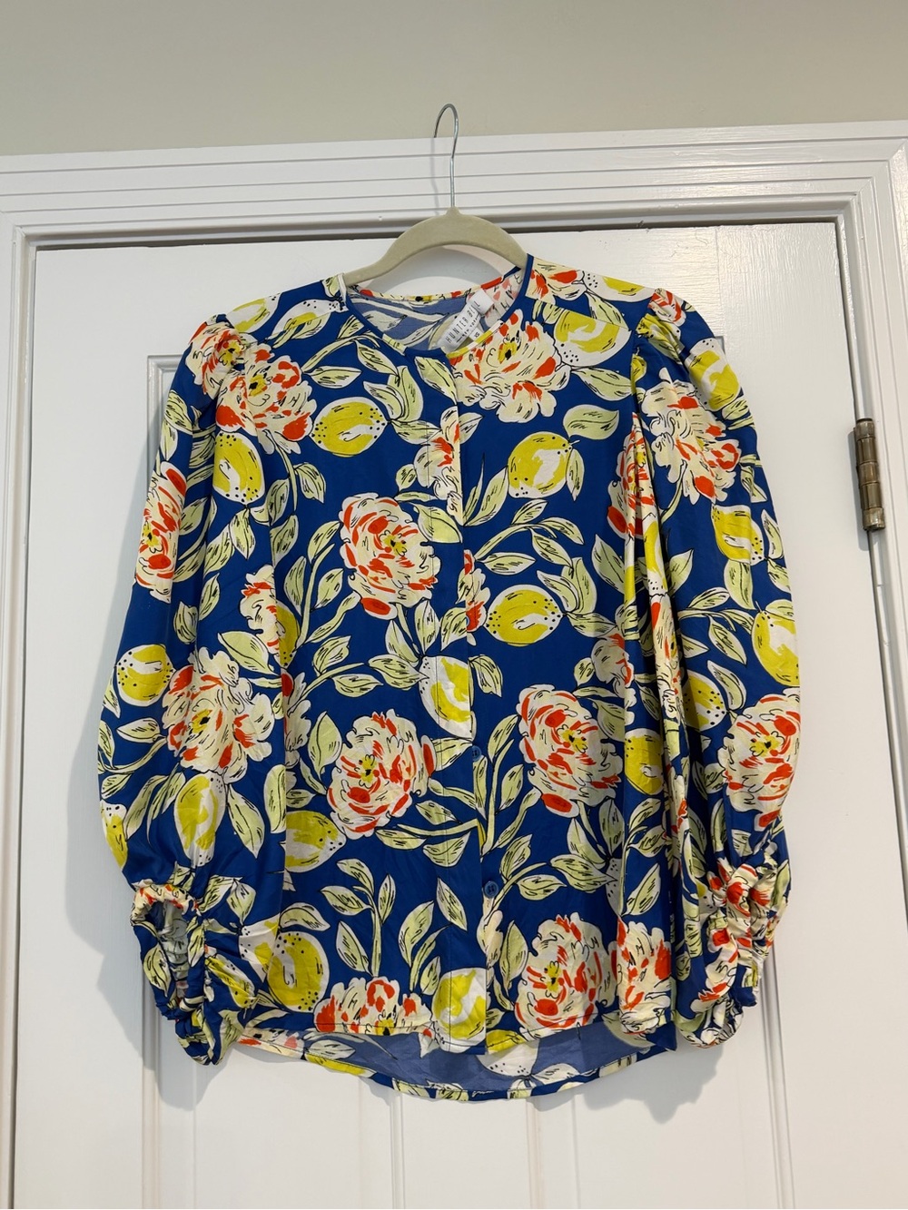 HUNTER BELL Blue Floral Puff-Sleeve Blouse with Yellow and Coral Accents
